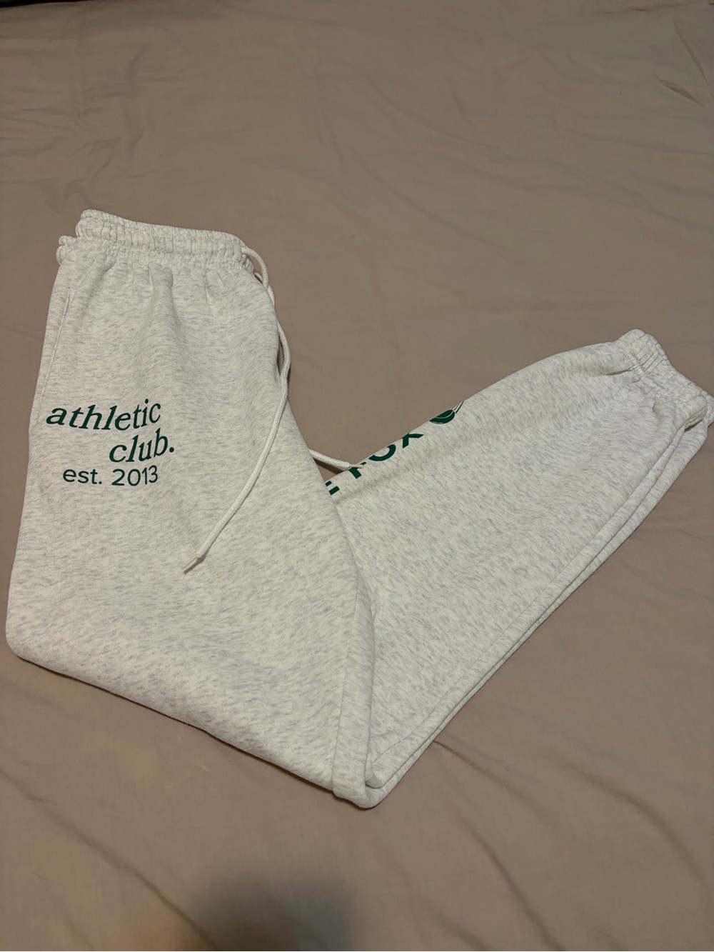White Fox Boutique Light Gray Athletic Club Joggers with Green Lettering